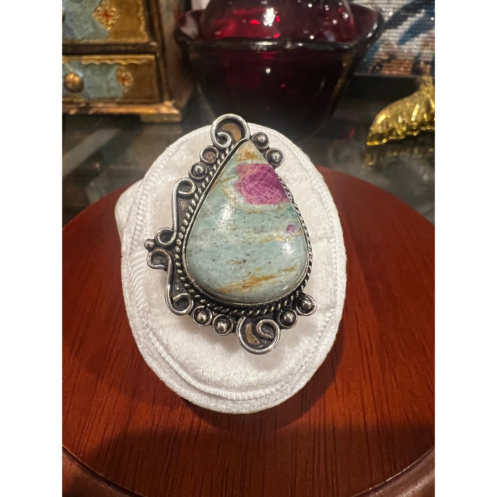 Vtg Ruby Fuchsite Teardrop UV Reactive Silver Tone Statement Ring Size 9